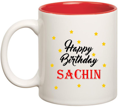

HuppmeGift Happy Birthday Sachin Inner Red Ceramic (350ml) Ceramic Mug(350 ml), Red;white