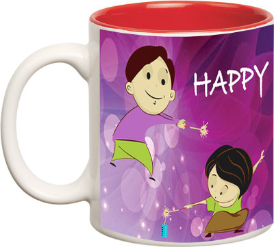 

Huppme Happy Diwali Inner Red Ceramic Mug(350 ml), Red;white