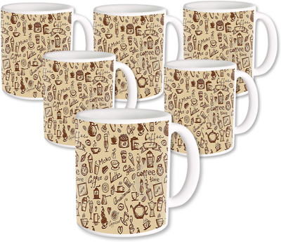 

Heyworlds Gifts for Coffee Design set of six 02 Ceramic Mug(325 ml, Pack of 6), Multicolor
