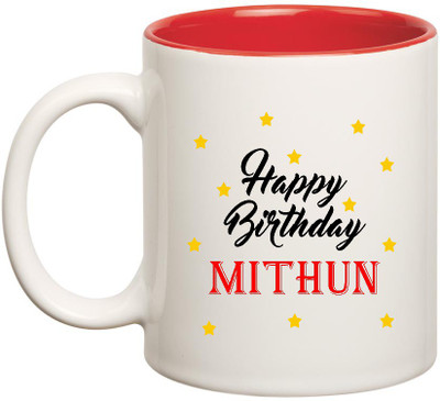 HuppmeGift Happy Birthday Mithun Inner Red Ceramic (350ml) Ceramic Mug(350 ml), Red;white