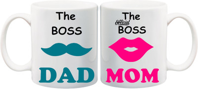 

ME&YOU Gift for Parents;The Boss Dad and Official Bosss Mom Printed Ceramic Mug(325 ml, Pack of 2), Multicolor