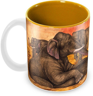 

Tuelip Beautiful Look Elephant Printed Inner Yellow For Tea And Coffee Ceramic Ceramic Mug(350 ml), Multicolor