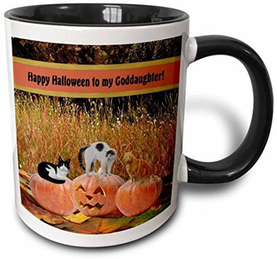 

3dRose mug_157903_4 Three Cats on Three Pumpkins, Happy Halloween to My Goddaughter Two Tone Black, 11 oz, Black/White Ceramic Mug(60 ml), Multicolor