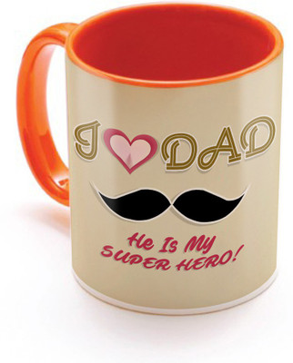 

SKY TRENDS I Love Dad He Is My Super Hero ! With Pink Color Heart And Mustaches Unique Gifts For Father's Day Inner Orange Color Ceramic Mug(320 ml), Orange;white