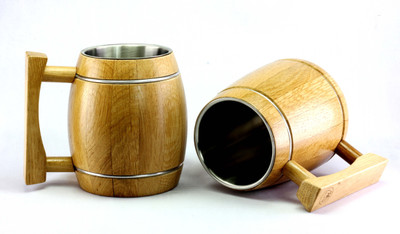 

Wood Trim Oak Wood Barrel & Viking BeerMug Combo Style with Stainless Steel Wood Mug(530 ml, Pack of 2), Brown