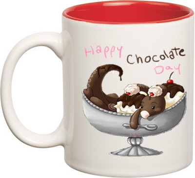 

Huppme Happy Chocolate Inner red Ceramic Mug(350 ml), Red;white