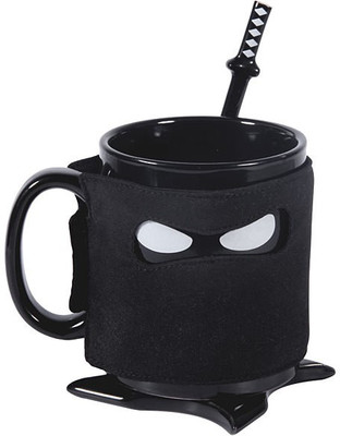 

GeekGoodies Ninja Cup With Coaster Stirrer Coffee Milk Ceramic Mug(330 ml), Black