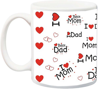 

ME&YOU Best Gift for Parents; Love You World's Best Mom & Dad Beautiful Red Hearts Printed Ceramic Mug(325 ml), Multicolor