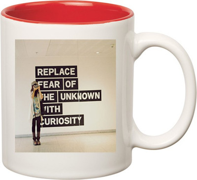 

HuppmeGift Replace Fear with Curiosity Inner Red Ceramic Mug(350 ml), Red;white