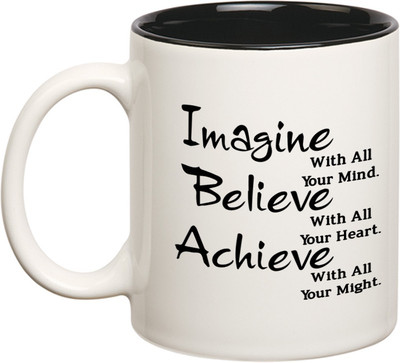 

Huppme Imagine Believe Achieve Inner Black Ceramic Mug(350 ml), Black;white