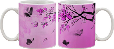 

Artifa Pink Leaves And Butterfly Porcelain, Ceramic Mug(350 ml), Multicolor