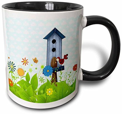 

3dRose mug_101836_4 Red Bird and a Blue Birdhouse in a Sweet Garden of Flowers Two Tone Black, 11 oz, Black/White Ceramic Mug(60 ml)