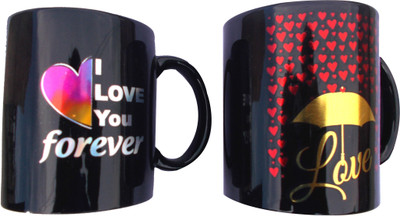 

Volik Heart Ceramic Mug(300 ml, Pack of 2), Black