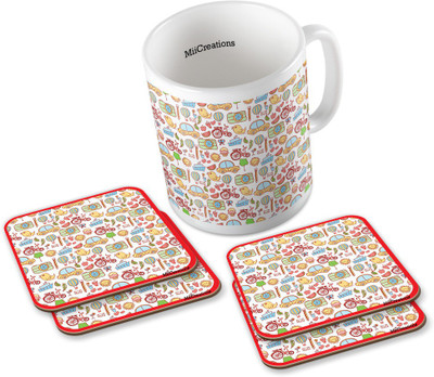 

MiiCreations Printed Cartoons City Elements (1 Ceramic + 4 MDF Coaster) Coaster Coffee Set Ceramic Mug(325 ml, Pack of 5), Multicolor