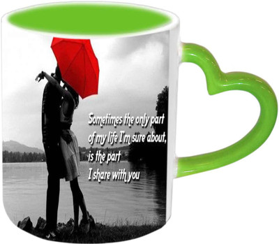 Raj Laxmi Love Couple Green Handle Valentine Ceramic Mug(350 ml)