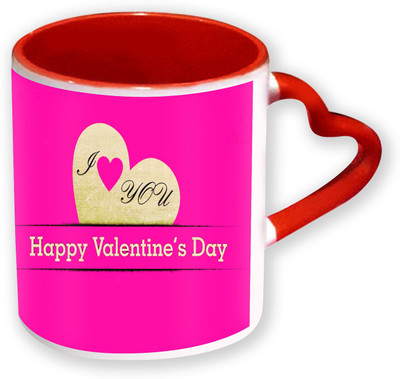 

Heyworlds Happy Valentine Day Gifts Heart Shape Red Color with Handle 27 Ceramic Mug(325 ml), Multicolor