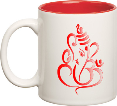 

Huppme Red Ganesha Inner Red Ceramic Mug(350 ml), Red;white