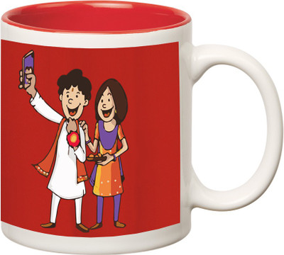 

Huppme Selfie Rakshabandhan Inner Red Ceramic Mug(350 ml), Red;white