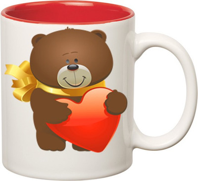 

Huppme Teddy Bear Inner Red Ceramic Mug(350 ml), Red;white