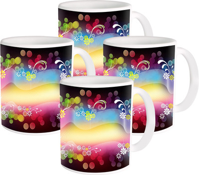

Heyworlds flower design 01 Ceramic Mug(325 ml, Pack of 4), Multicolor