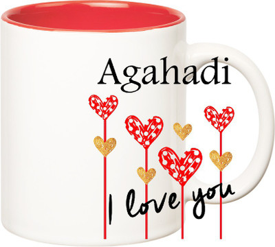 Huppme I Love You Agahadi Inner Red (350 ml) Ceramic Mug(350 ml), Red;white