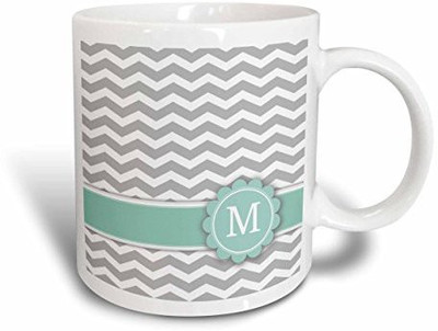 

3dRose Letter M Monogrammed on Grey and White Chevron with Mint Gray Zigzags Personal Initial Zig Zags Ceramic, 11 oz, White Ceramic Mug(60 ml)