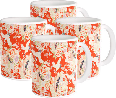 

Heyworlds flower with bird design Ceramic Mug(325 ml, Pack of 4), Multicolor