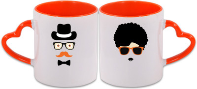 

KDT Funny Faces Heart Handle Ceramic Mug(350 ml, Pack of 2), Multicolor
