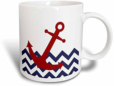 

3dRose mug_165791_1 Red Nautical Boat Anchor on Chevron Pattern, Ceramic, 11-Ounce Ceramic Mug(60 ml), Multicolor