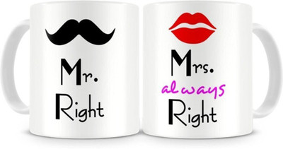 

ME&YOU Mr. Right Mrs. Always Right(Pack of 2) Couple Ceramic Mug(350 ml, Pack of 2), Multicolor