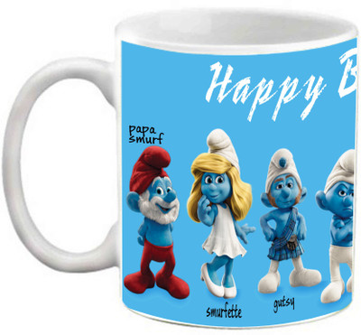 

EFW Happy Birthday Kids Animation Cartoon Smurfs Printed Coffee Ceramic Mug(325 ml), White
