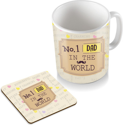

SKY TRENDS No.1 DAD In The World With Mustaches Gifts For Father's Day Coaster Coffee Set Ceramic Mug(320 ml, Pack of 2), White