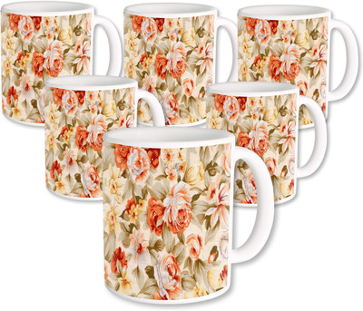 

Heyworlds Gifts for Flower Design set of six 10 Ceramic Mug(325 ml, Pack of 6), Multicolor