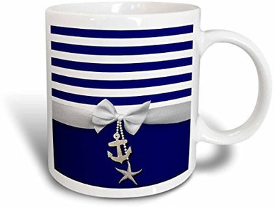 3dRose mug_151234_1 Nautical Navy Blue and White Stripes-2D Ribbon Bow Graphic and Printed Anchor and Starfish Charms Ceramic, 11-Ounce Ceramic Mug(60 ml)