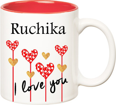 

Huppme I Love You Ruchika Inner Red (350 ml) Ceramic Mug(350 ml), Red;white