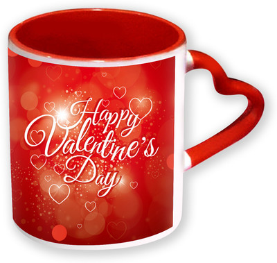 

Heyworlds Happy Valentine Day Gifts Heart Shape Red Color with Handle 06 Ceramic Mug(325 ml), Multicolor