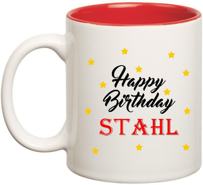 

Huppme Happy Birthday Stahl Inner Red Ceramic Mug(350 ml), Red;white