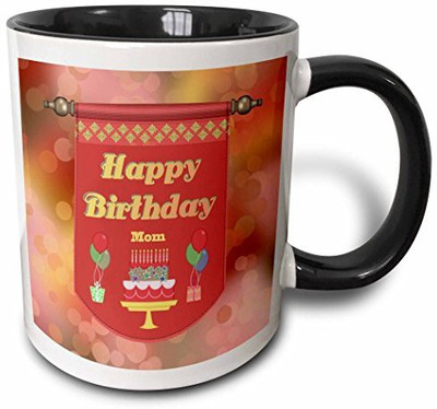 

3dRose Happy Birthday Mom Banner, Cake with Gifts and Balloons Two Tone Black, 11 oz, Black/White Ceramic Mug(60 ml), Multicolor