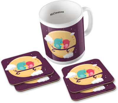 

MiiCreations Printed Cute Birds (1 Ceramic + 4 MDF Coaster) Coaster Coffee Set Ceramic Mug(325 ml, Pack of 5), Multicolor