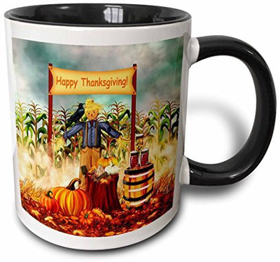 

3dRose mug_220606_4 Digital Art Thanksgiving Scarecrow Along with Fall Harvest Veggies Two Tone Black, 11 oz, Black/White Ceramic Mug(60 ml), Multicolor