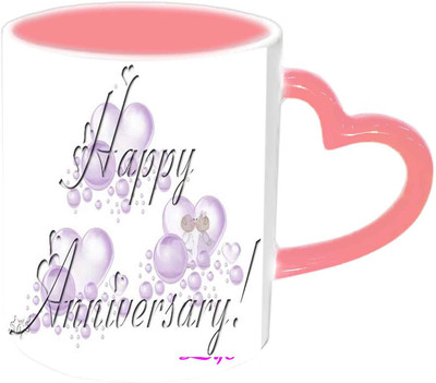 

Raj Laxmi Happy Anniversary With Love Drops Pink Handle Ceramic Mug(350 ml)