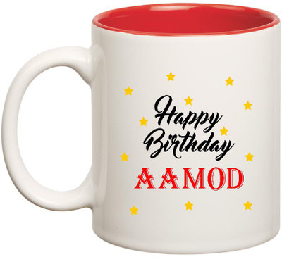 

HuppmeGift Happy Birthday Aamod Inner Red Ceramic (350ml) Ceramic Mug(350 ml), Red;white