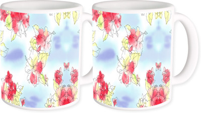 

Heyworlds gifts for flower design 37 Ceramic Mug(325 ml, Pack of 2), Multicolor