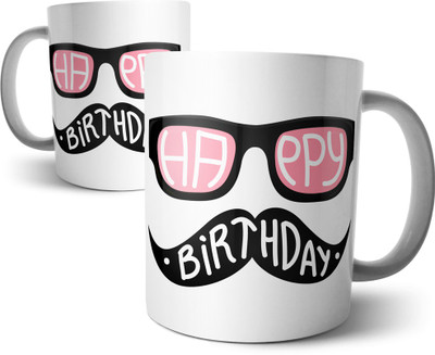 

Chiraiyaa Happy Birthday with goggle and moustache Ceramic Mug(300 ml), Multicolor