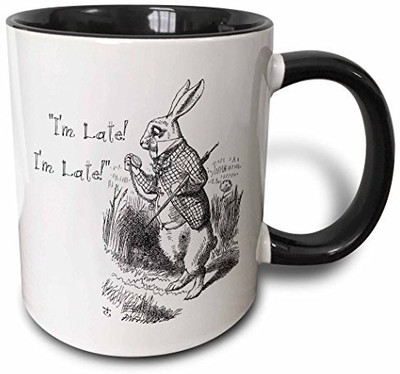 

3dRose mug_193791_4 Alice in Wonderland White Rabbit I'm Late John Tenniel Illustration Two Tone Black, 11 oz, Black/White Ceramic Mug(60 ml)