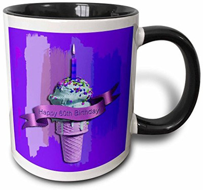 

3dRose Happy 60Th Birthday, Ice Cream Cone on Abstract, Purple Two Tone Black, 11 oz, Black/White Ceramic Mug(60 ml)