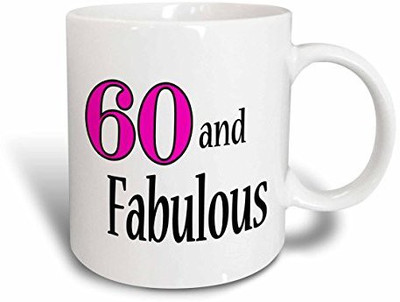 3dRose 60 and Fabulous. Pink. Ceramic, 15 oz, White Ceramic Mug(60 ml), Multicolor