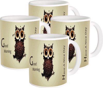 

Heyworlds good mornig coffee owl design Ceramic Mug(325 ml, Pack of 4), Multicolor