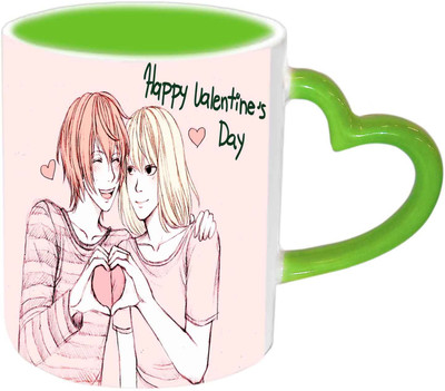 

Raj Laxmi Couple Heart Green Handle Valentine Ceramic Mug(350 ml)