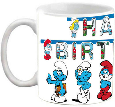 

EFW Happy Birthday Kids Animation Cartoon Smurfs Printed Coffee Ceramic Mug(325 ml), White